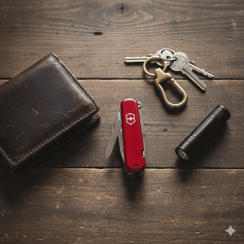 Victorinox Swiss Champ multitool, sleutels, zaklamp en portemonnee op houten tafel.